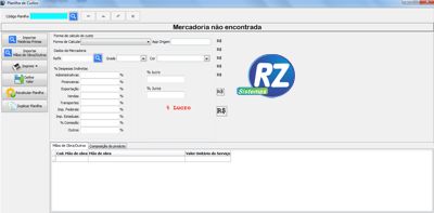 Formação do Preço de Venda - Janela do Sistema Rz Custos