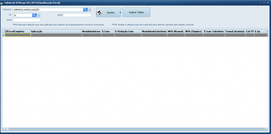Emissão de Nota Fiscal Eletrônica com Substituição Tributária - tabela de icms por uf e mercadoria
