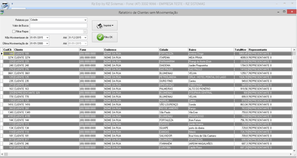 Simulação Relatório Clientes sem Movimentação