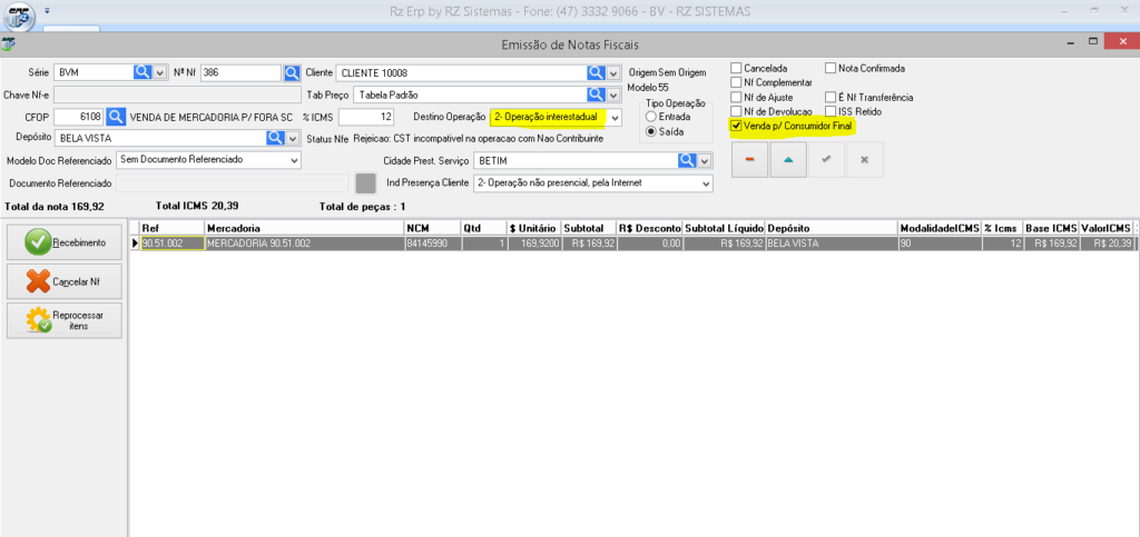 Emitir NF Rejeicao 508 CST incompativel na operacao com Nao Contribuinte